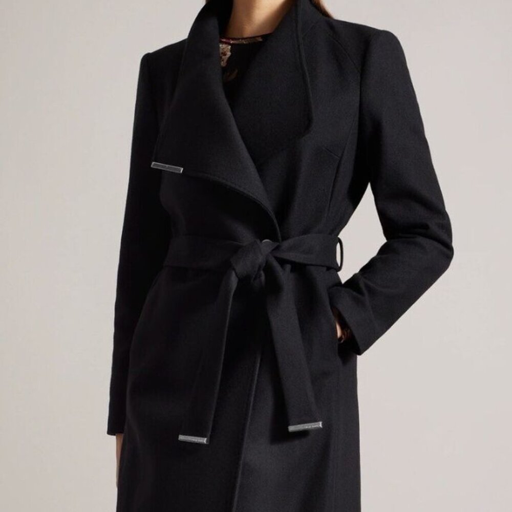Ted Baker Black Wool Wrap Coat - 'Ted Size 2' (Size 4/6)